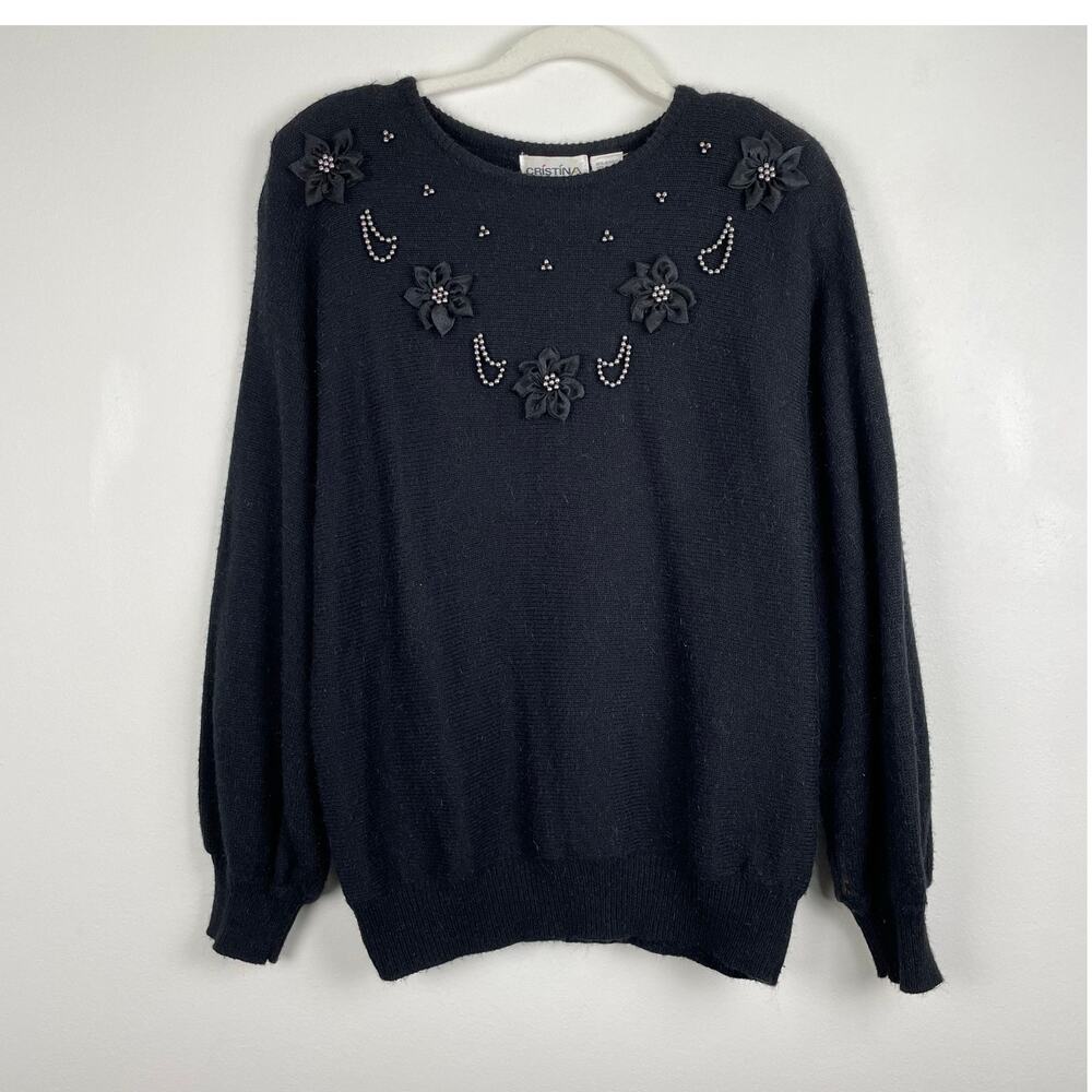 90s Vintage Cristina Sweater Women L Black Floral Beaded Pearl Fuzzy Embellished